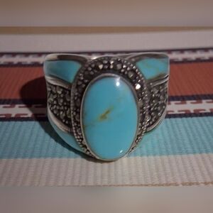 TURQUOISE AND MARQUESITE RING 925 STERLING SILVER SIZE 6 3/4